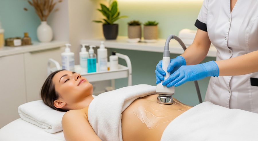 Woman receiving body contouring cavitation in spa clinic for body shaping and cellulite reduction