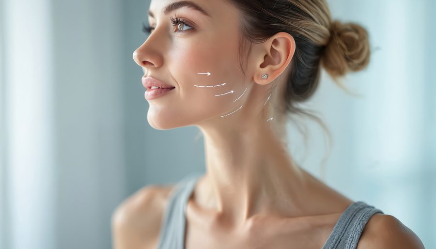 Young woman with marked face for thread lift procedure. White arrows indicate areas for non-surgical facial rejuvenation. Female face with beauty treatment markup. Facial skin lifting treatment