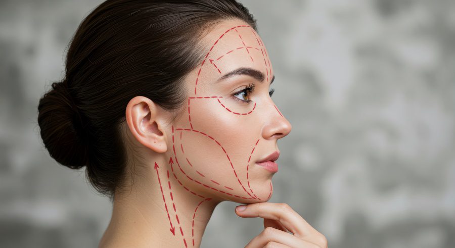 Facial Rejuvenation Planning - Woman profile with red lines marking areas for cosmetic facial surgery