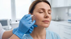 Cosmetic surgeon marking face for surgery
