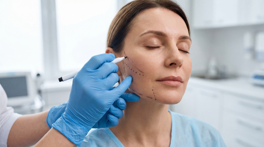 Cosmetic surgeon marking face for surgery